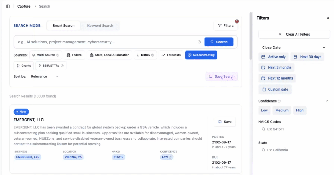 SamSearch subcontracting search filtered to high-confidence rows, showing direct prime subcontracting requests from SBA and GSA systems